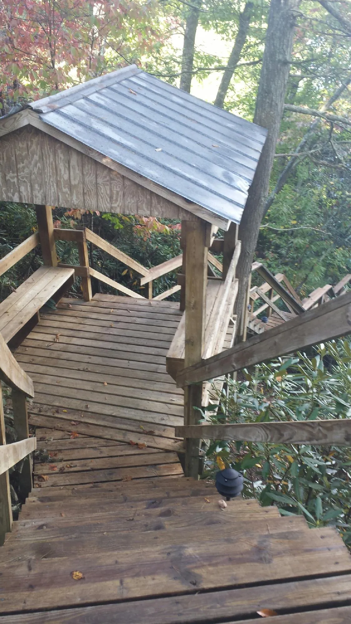 Metal roofed shelter over wooden steps on a wooded walkway — Skylight Repair & Installation work by our crew in Hanska